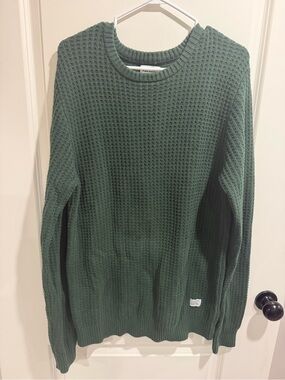 Frank And Oak Waffle Knit Sweater Mens Medium Green Cotton Crewneck Minimalist